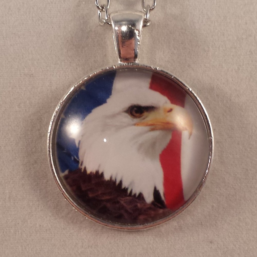 Mens Silver Bald Eagle Cabochon Pendant Necklace Party Gift